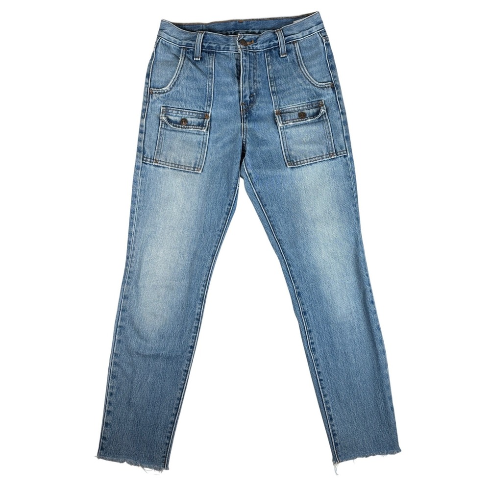Levis Womens High Rise Straight Leg Cargo Utility‎ Jeans Blue Raw Hem Outback